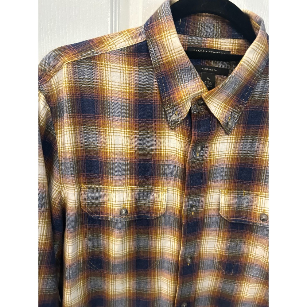 Banana Republic Flannel Shirt Yellow Navy Plaid Herringbone‎ Cotton Button Down
